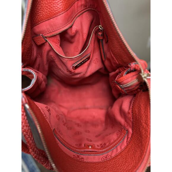 Tory Burch Leather Shoulder Bag Womens Red Braided Handle Hobo Pebbled Logo Zip - Picture 10 of 12